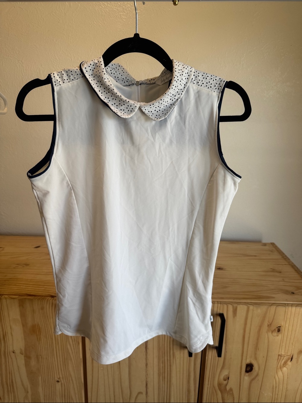 Lady Hagen White Sleeveless Collared Tank with Navy Trim